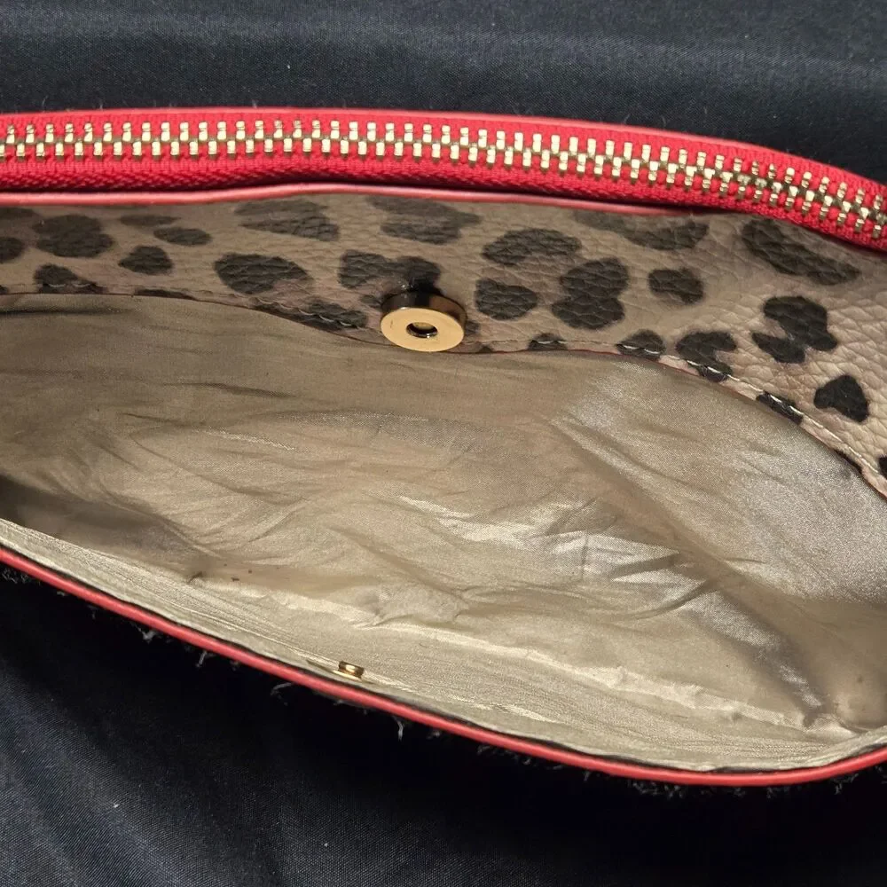Chicos Leopard Print Wristlet Wallet Set Faux Leather Red Trim Two Piece Clutch